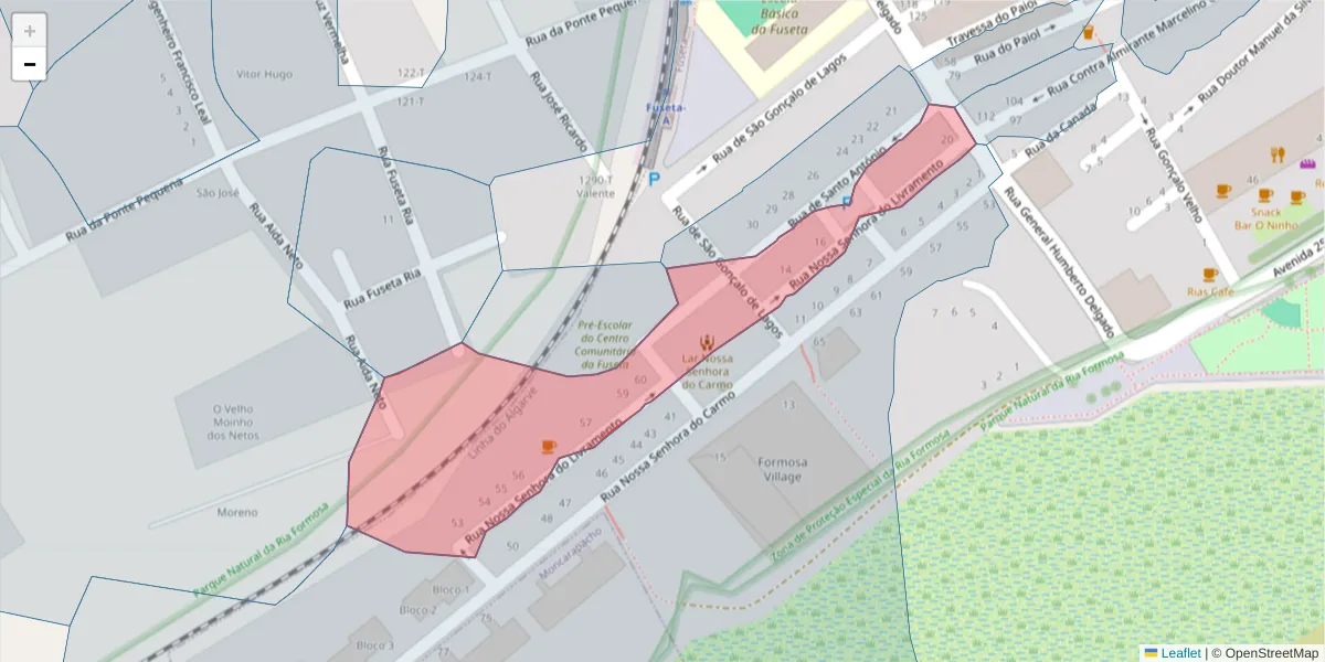 Mapa detalhado do código postal 8700-025 com limites, códigos postais vizinhos e agências dos correios