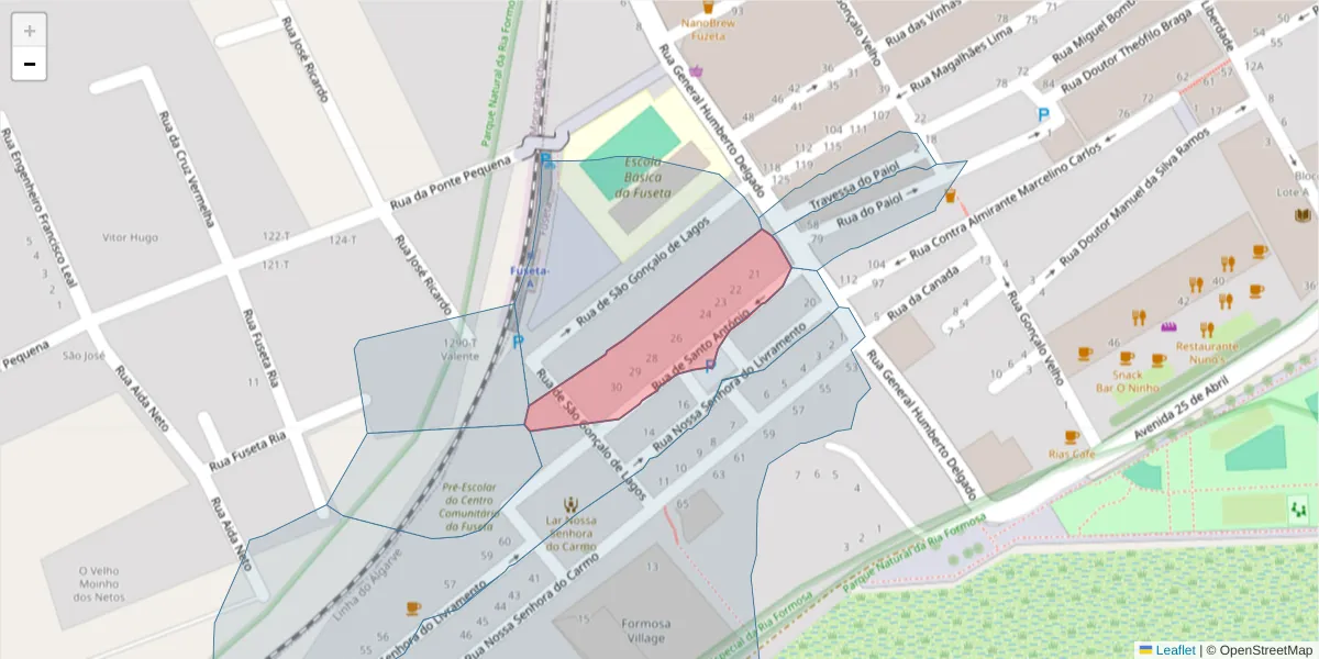 Mapa detalhado do código postal 8700-026 com limites, códigos postais vizinhos e agências dos correios
