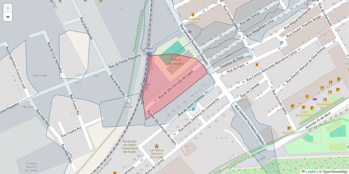 Mapa detalhado do código postal 8700-027 com limites, códigos postais vizinhos e agências dos correios