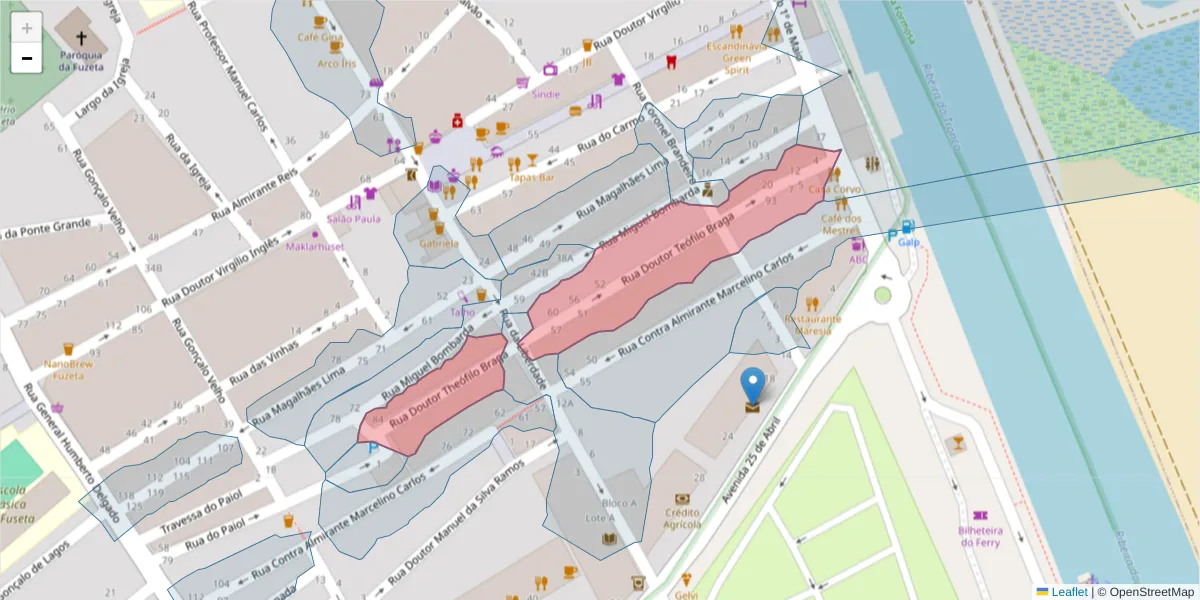 Mapa detalhado do código postal 8700-031 com limites, códigos postais vizinhos e agências dos correios