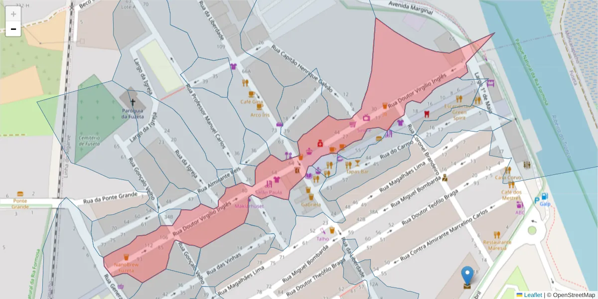 Mapa detalhado do código postal 8700-032 com limites, códigos postais vizinhos e agências dos correios