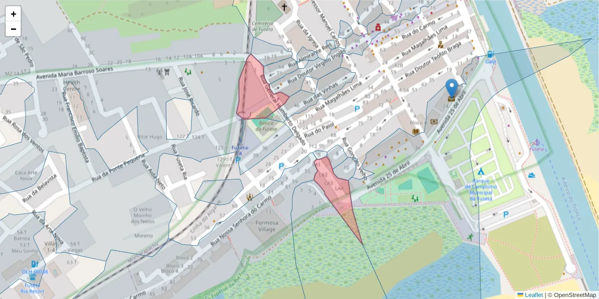 Mapa detalhado do código postal 8700-033 com limites, códigos postais vizinhos e agências dos correios