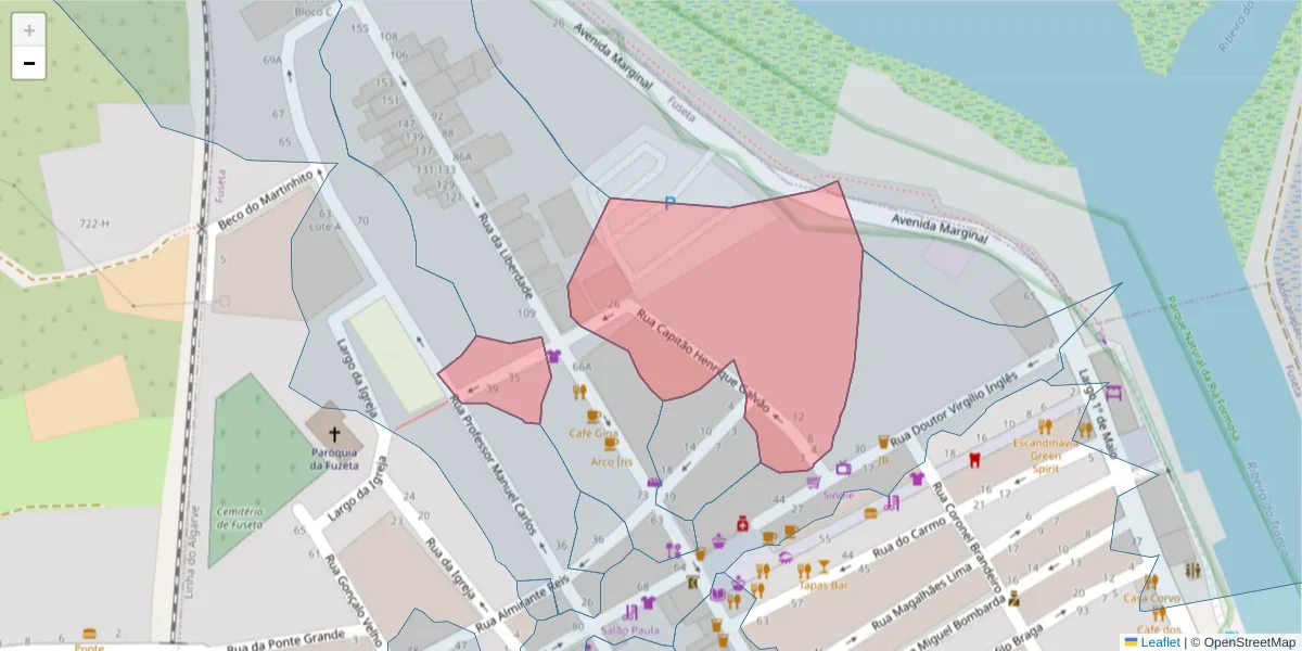 Mapa detalhado do código postal 8700-035 com limites, códigos postais vizinhos e agências dos correios