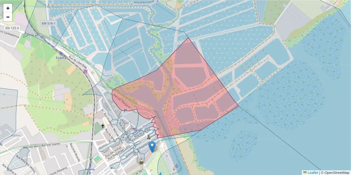 Mapa detalhado do código postal 8700-038 com limites, códigos postais vizinhos e agências dos correios