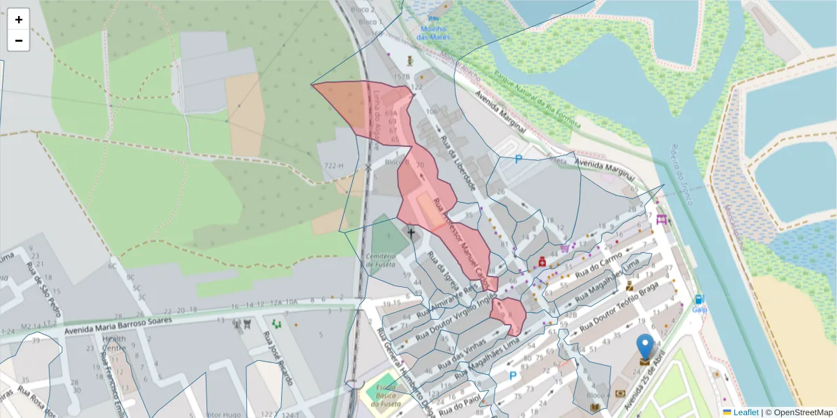 Mapa detalhado do código postal 8700-039 com limites, códigos postais vizinhos e agências dos correios