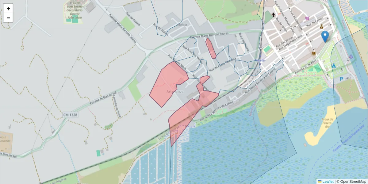 Mapa detalhado do código postal 8700-064 com limites, códigos postais vizinhos e agências dos correios