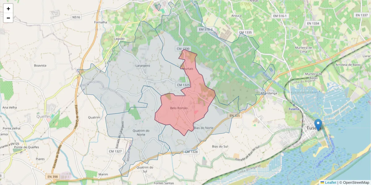 Mapa detalhado do código postal 8700-065 com limites, códigos postais vizinhos e agências dos correios