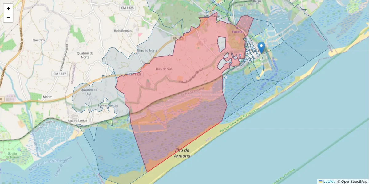Mapa detalhado do código postal 8700-067 com limites, códigos postais vizinhos e agências dos correios