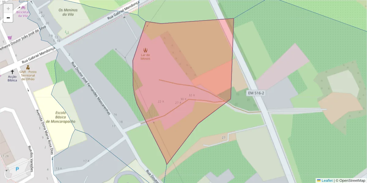 Mapa detalhado do código postal 8700-070 com limites, códigos postais vizinhos e agências dos correios