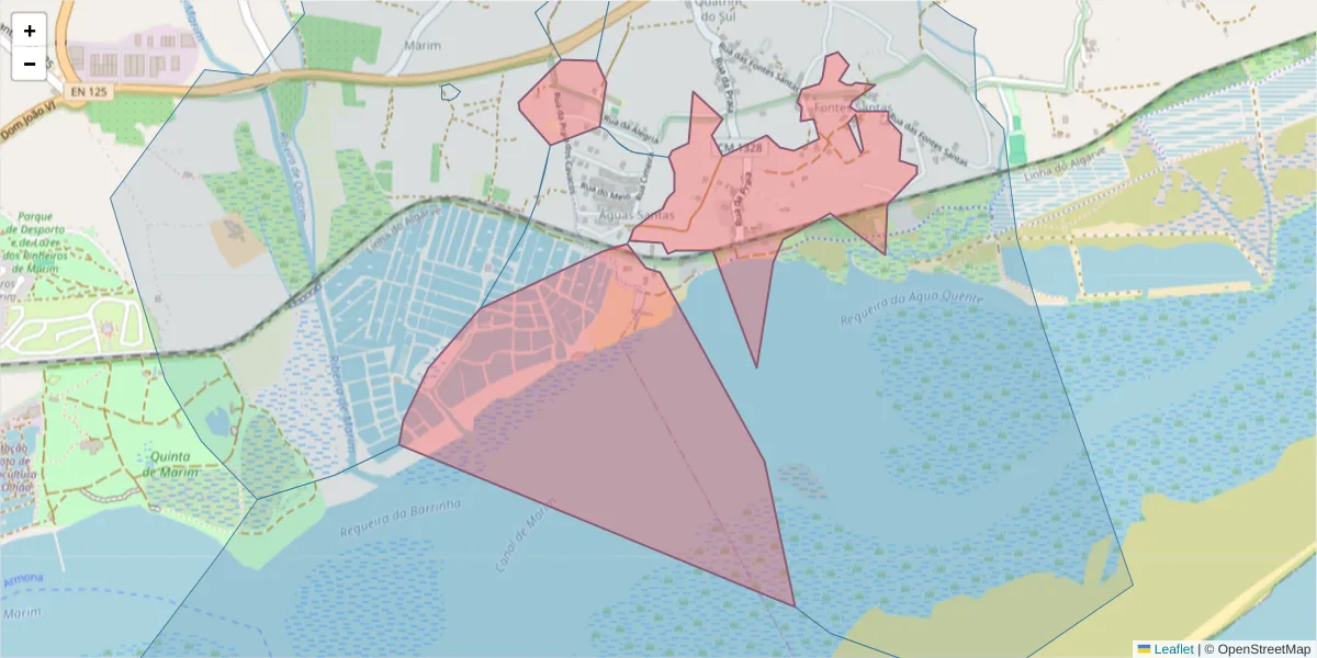 Mapa detalhado do código postal 8700-071 com limites, códigos postais vizinhos e agências dos correios