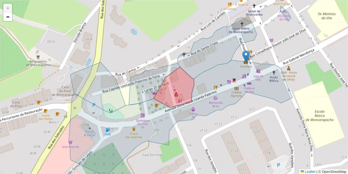 Mapa detalhado do código postal 8700-085 com limites, códigos postais vizinhos e agências dos correios
