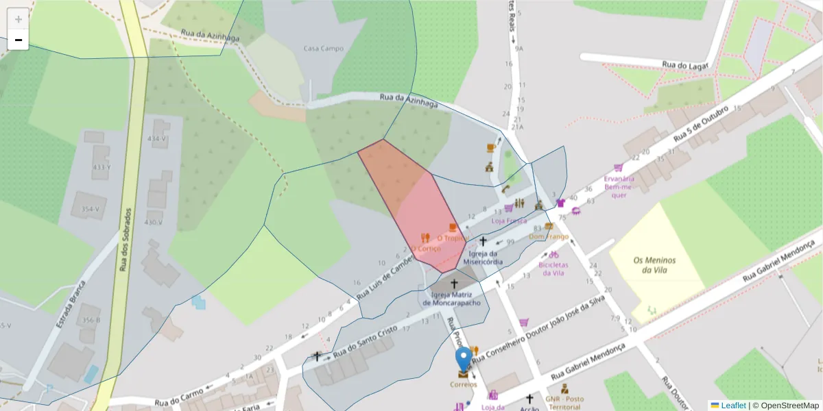 Mapa detalhado do código postal 8700-086 com limites, códigos postais vizinhos e agências dos correios