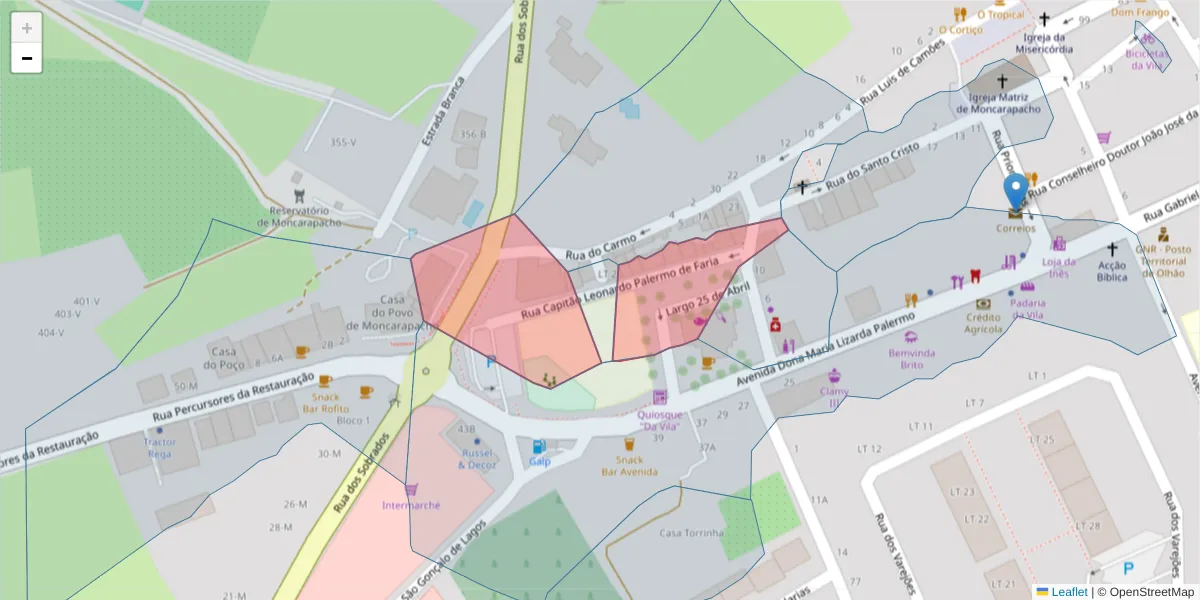 Mapa detalhado do código postal 8700-089 com limites, códigos postais vizinhos e agências dos correios