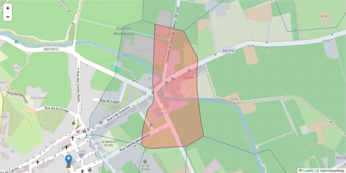 Mapa detalhado do código postal 8700-090 com limites, códigos postais vizinhos e agências dos correios