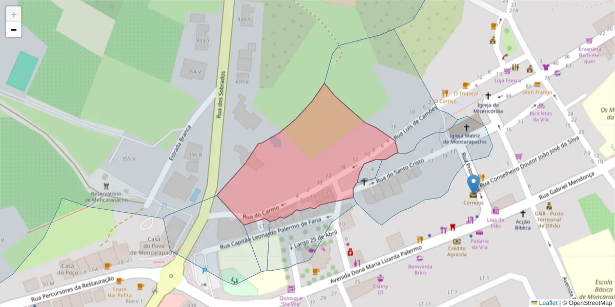 Mapa detalhado do código postal 8700-096 com limites, códigos postais vizinhos e agências dos correios