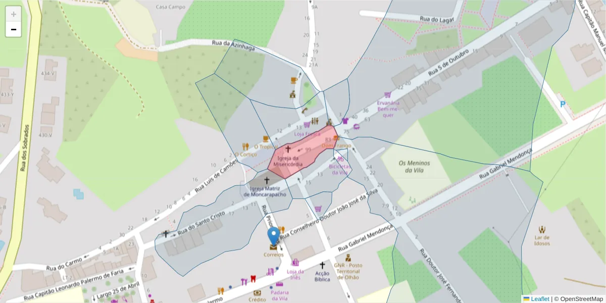 Mapa detalhado do código postal 8700-099 com limites, códigos postais vizinhos e agências dos correios