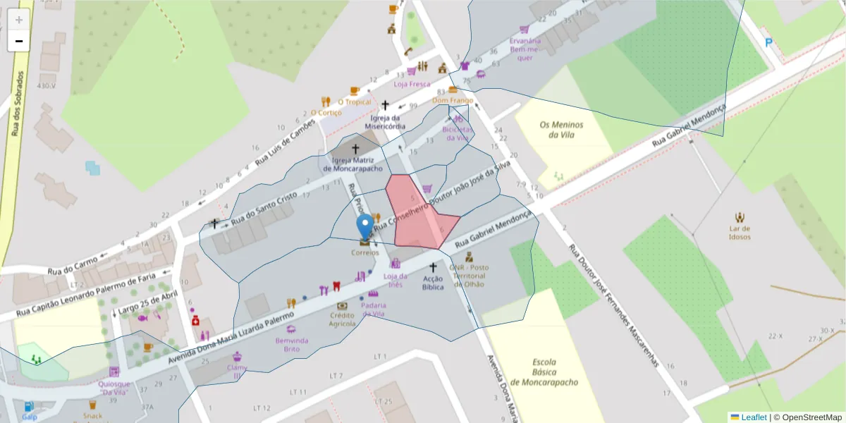 Mapa detalhado do código postal 8700-100 com limites, códigos postais vizinhos e agências dos correios