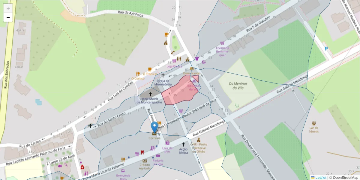 Mapa detalhado do código postal 8700-102 com limites, códigos postais vizinhos e agências dos correios