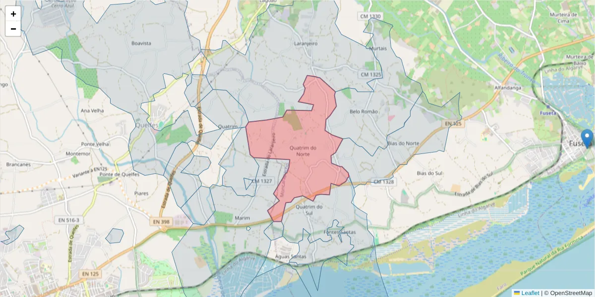 Mapa detalhado do código postal 8700-127 com limites, códigos postais vizinhos e agências dos correios