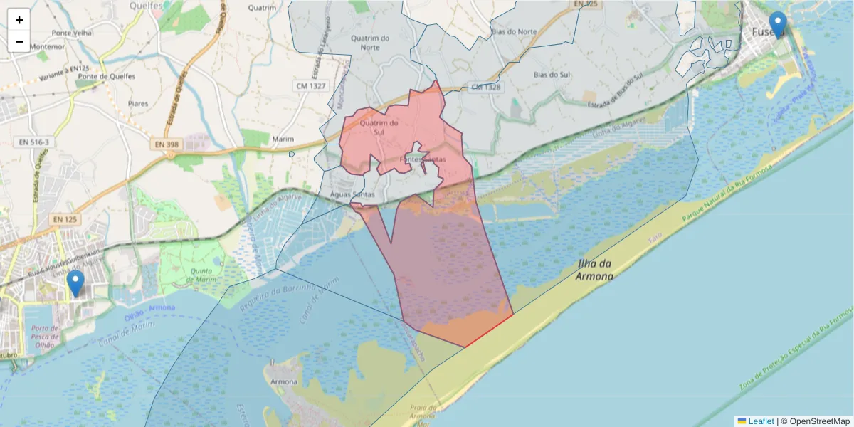 Mapa detalhado do código postal 8700-128 com limites, códigos postais vizinhos e agências dos correios