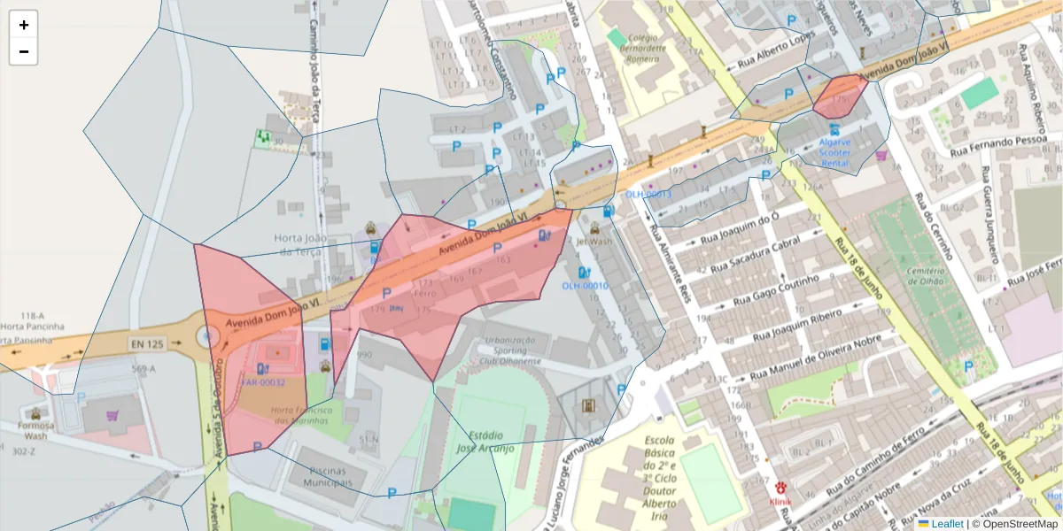 Mapa detalhado do código postal 8700-134 com limites, códigos postais vizinhos e agências dos correios