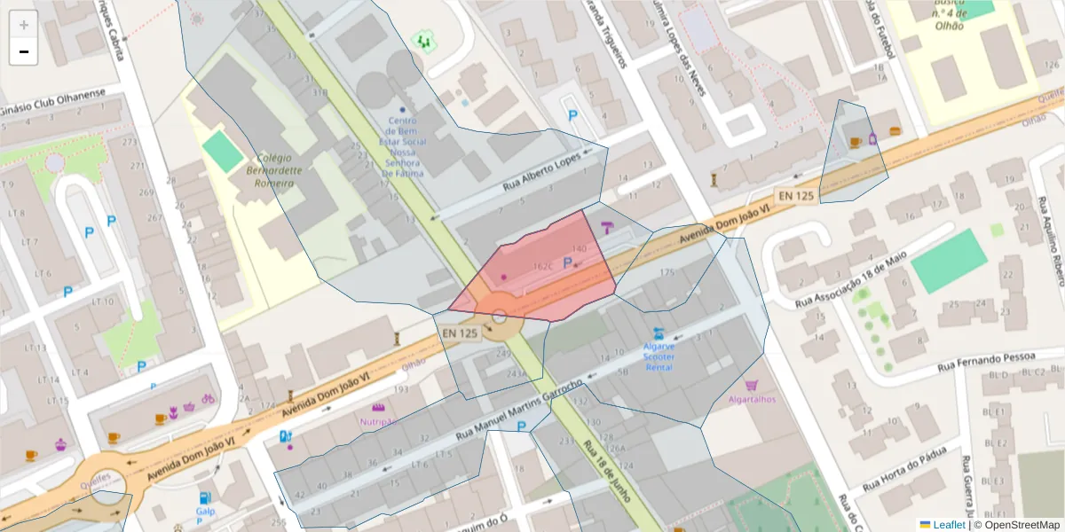 Mapa detalhado do código postal 8700-140 com limites, códigos postais vizinhos e agências dos correios