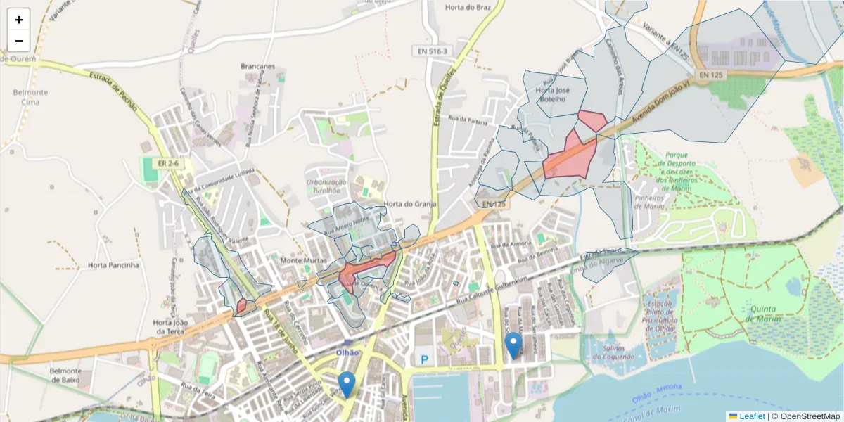 Mapa detalhado do código postal 8700-145 com limites, códigos postais vizinhos e agências dos correios