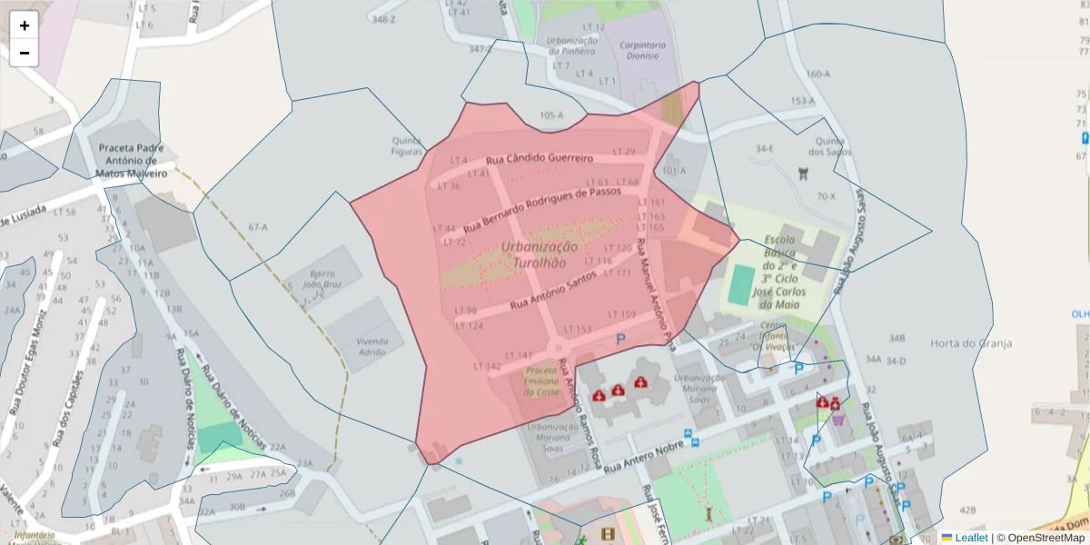 Mapa detalhado do código postal 8700-147 com limites, códigos postais vizinhos e agências dos correios