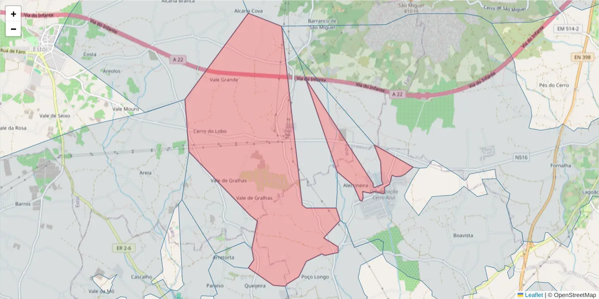 Mapa detalhado do código postal 8700-149 com limites, códigos postais vizinhos e agências dos correios
