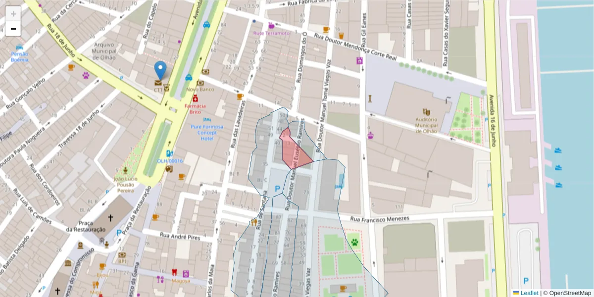 Mapa detalhado do código postal 8700-152 com limites, códigos postais vizinhos e agências dos correios