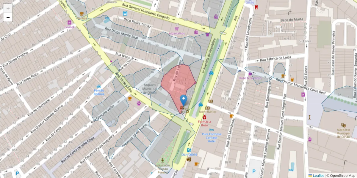 Mapa detalhado do código postal 8700-154 com limites, códigos postais vizinhos e agências dos correios