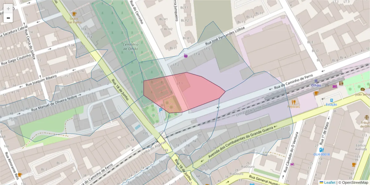 Mapa detalhado do código postal 8700-156 com limites, códigos postais vizinhos e agências dos correios