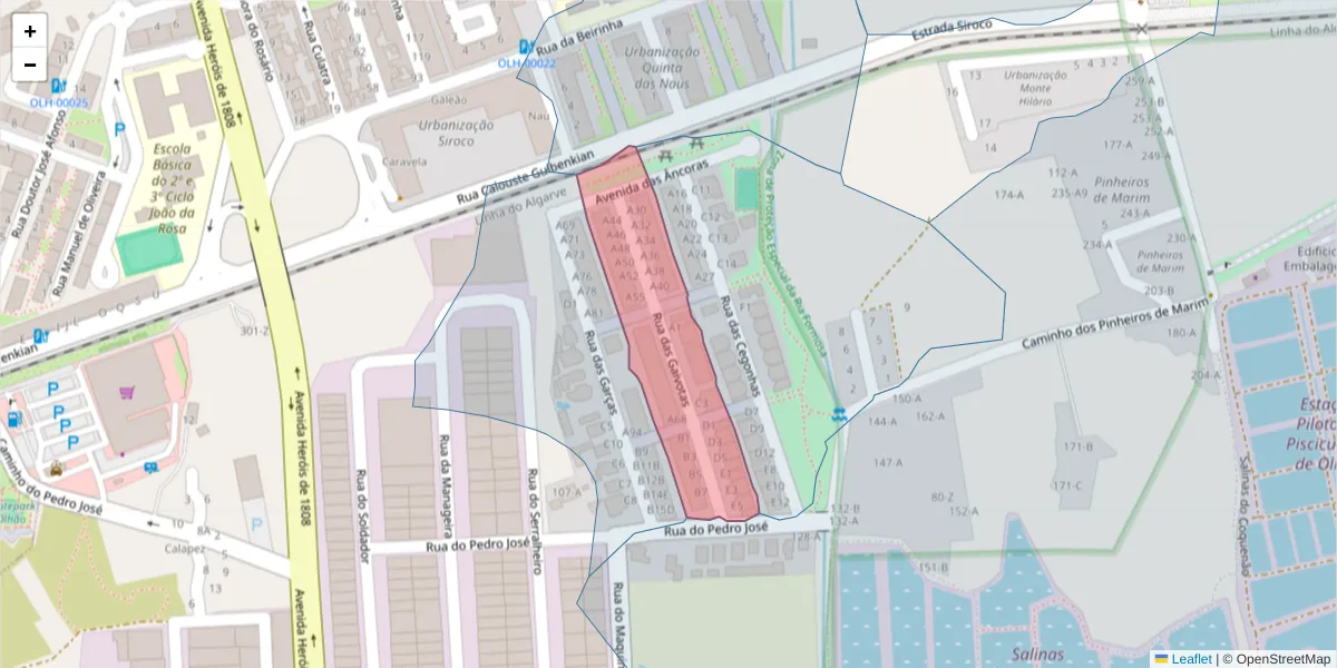 Mapa detalhado do código postal 8700-158 com limites, códigos postais vizinhos e agências dos correios