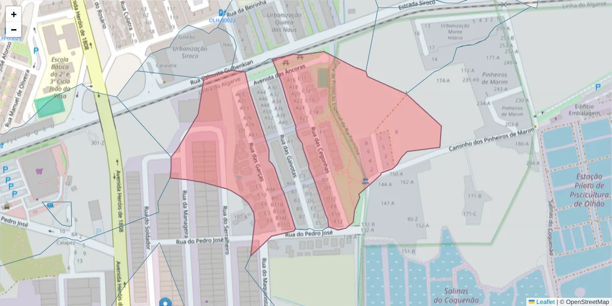 Mapa detalhado do código postal 8700-159 com limites, códigos postais vizinhos e agências dos correios