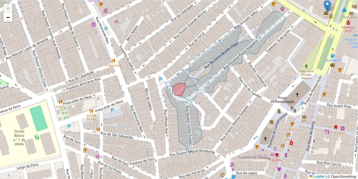 Mapa detalhado do código postal 8700-161 com limites, códigos postais vizinhos e agências dos correios