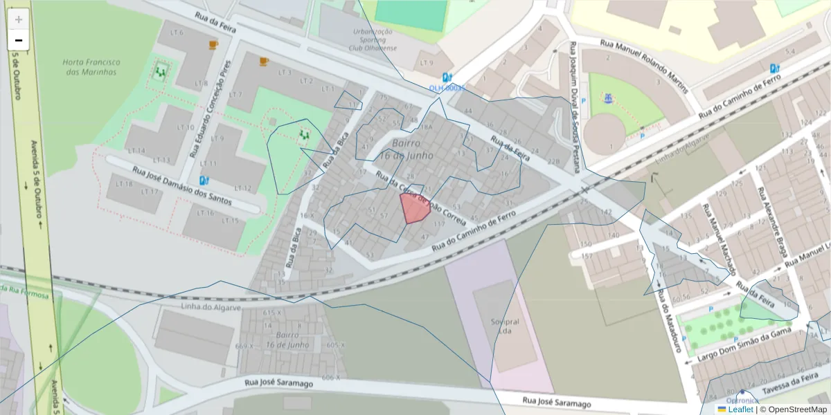 Mapa detalhado do código postal 8700-170 com limites, códigos postais vizinhos e agências dos correios