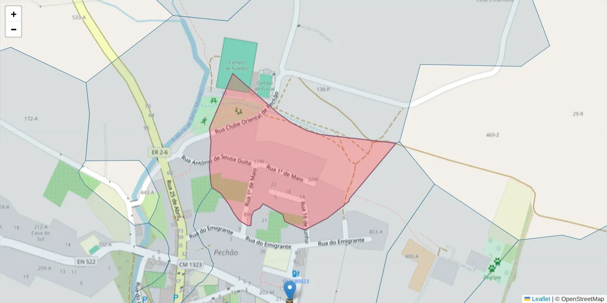 Mapa detalhado do código postal 8700-171 com limites, códigos postais vizinhos e agências dos correios