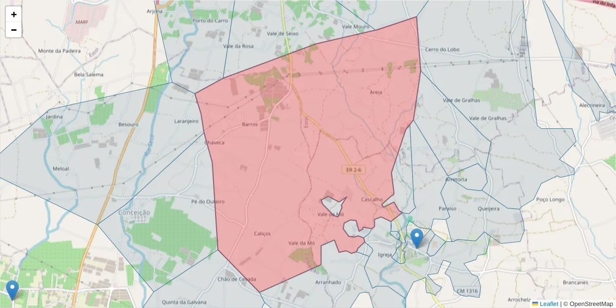 Mapa detalhado do código postal 8700-175 com limites, códigos postais vizinhos e agências dos correios