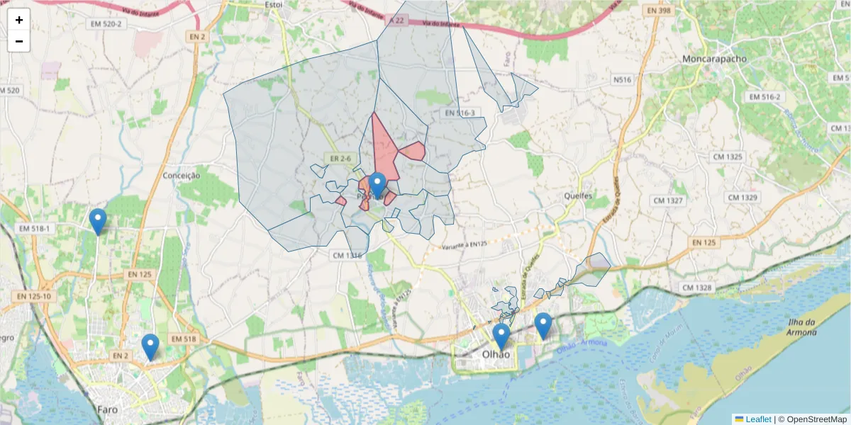 Mapa detalhado do código postal 8700-180 com limites, códigos postais vizinhos e agências dos correios