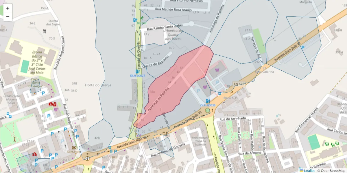 Mapa detalhado do código postal 8700-203 com limites, códigos postais vizinhos e agências dos correios
