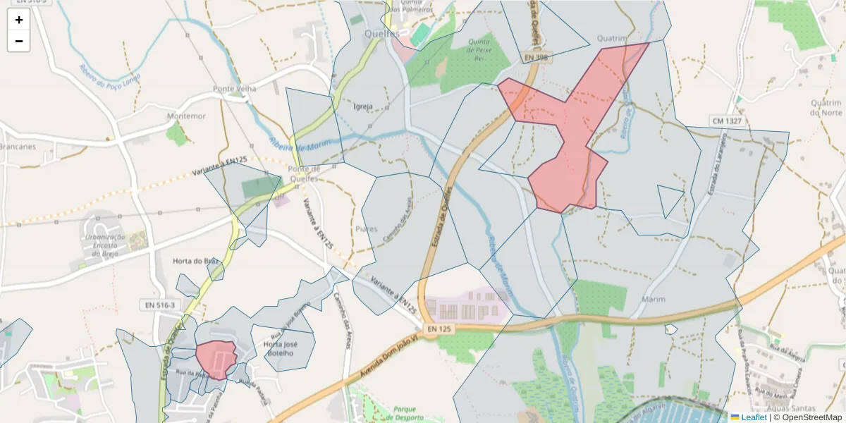 Mapa detalhado do código postal 8700-205 com limites, códigos postais vizinhos e agências dos correios