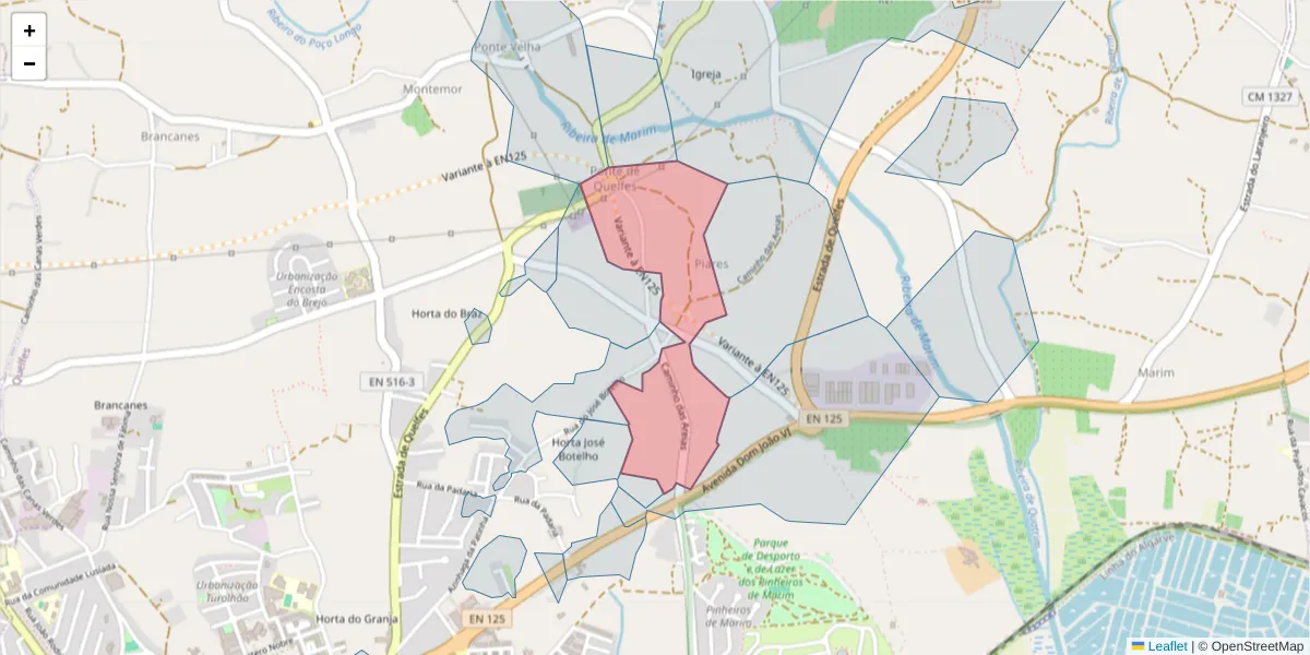 Mapa detalhado do código postal 8700-208 com limites, códigos postais vizinhos e agências dos correios
