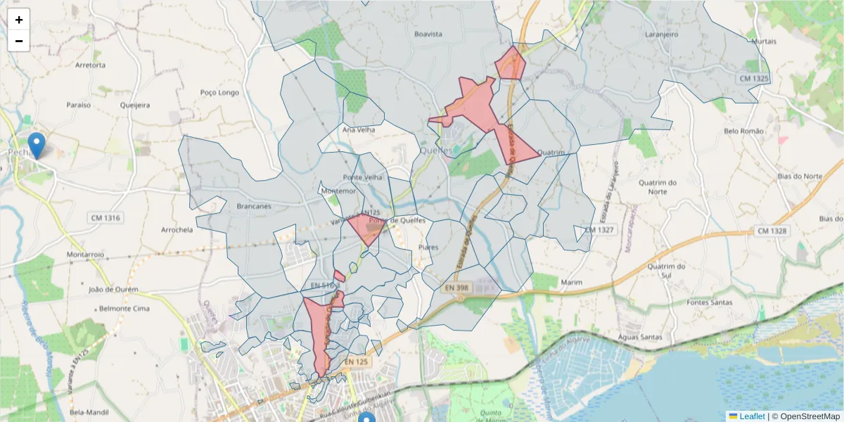 Mapa detalhado do código postal 8700-218 com limites, códigos postais vizinhos e agências dos correios