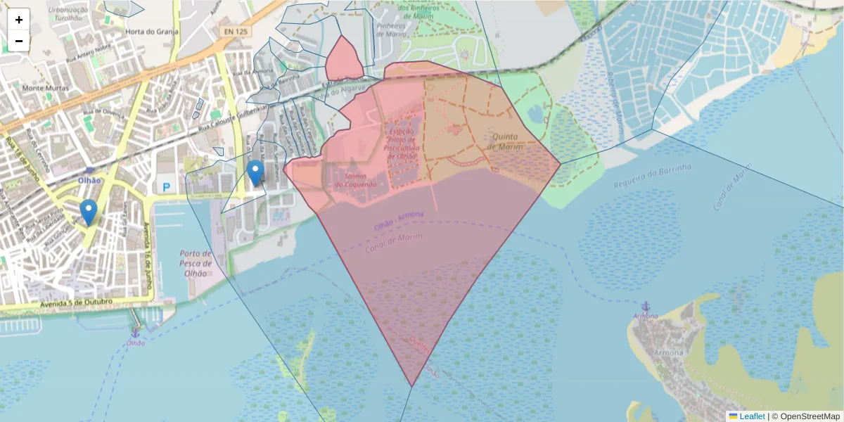 Mapa detalhado do código postal 8700-225 com limites, códigos postais vizinhos e agências dos correios