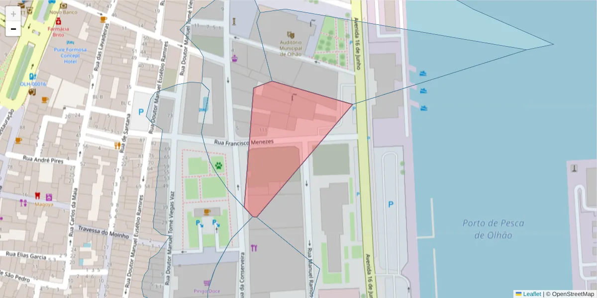 Mapa detalhado do código postal 8700-232 com limites, códigos postais vizinhos e agências dos correios