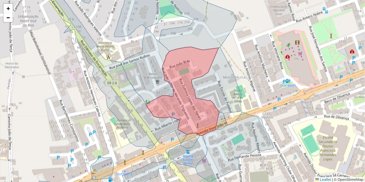 Mapa detalhado do código postal 8700-237 com limites, códigos postais vizinhos e agências dos correios
