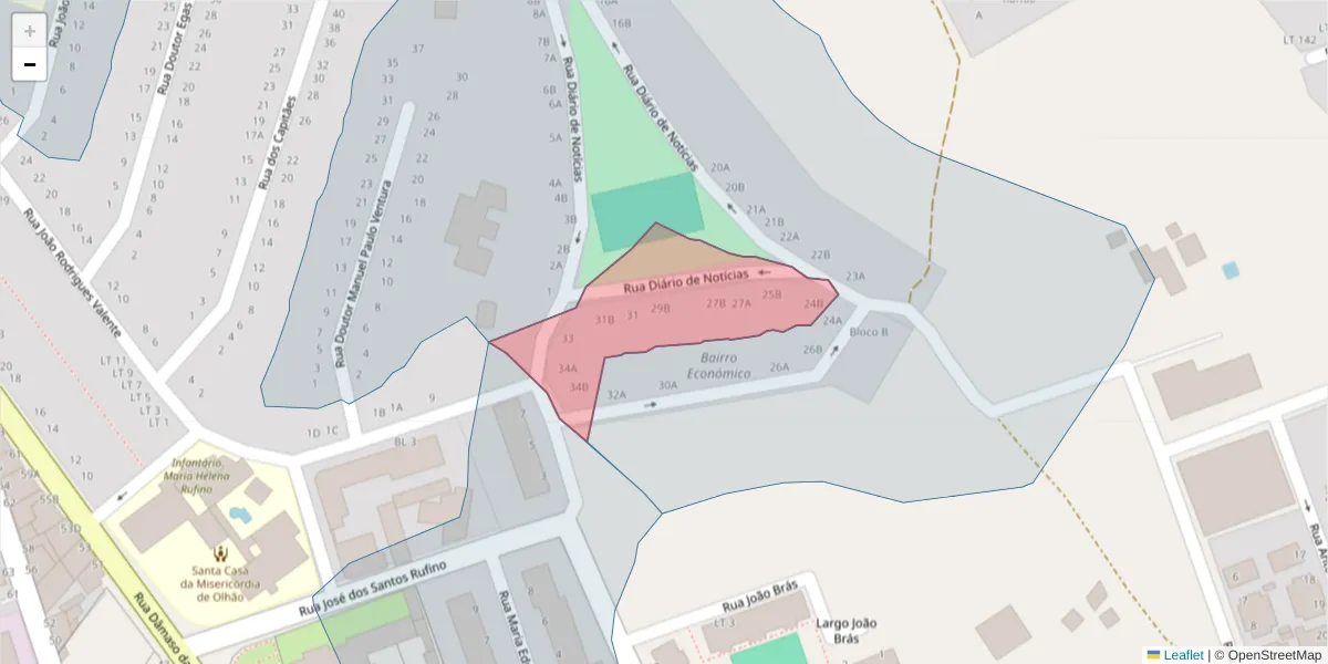 Mapa detalhado do código postal 8700-242 com limites, códigos postais vizinhos e agências dos correios