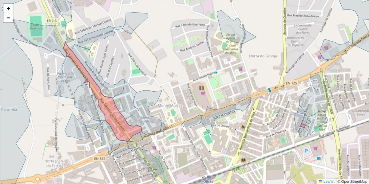 Mapa detalhado do código postal 8700-249 com limites, códigos postais vizinhos e agências dos correios