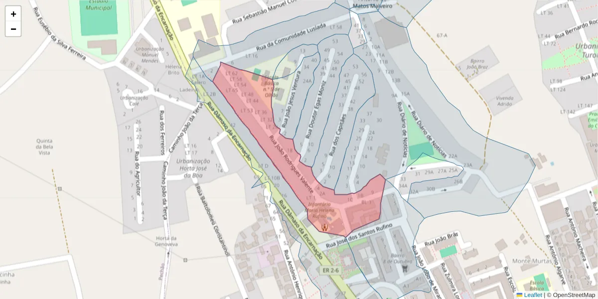 Mapa detalhado do código postal 8700-255 com limites, códigos postais vizinhos e agências dos correios