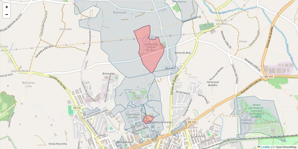 Mapa detalhado do código postal 8700-274 com limites, códigos postais vizinhos e agências dos correios